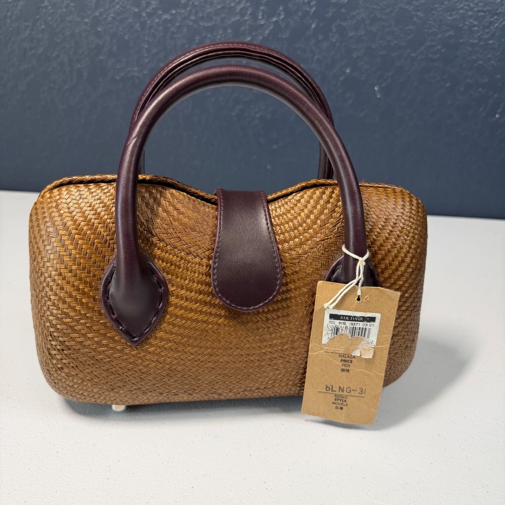 Le SAC Kultura Woven Straw Leather Satchel Handbag Handmade Boho Tropical Brown - Picture 2 of 6